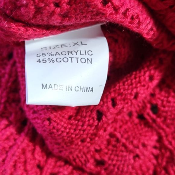 Red Open Knit Round Neck Sweater with Long Lace Flounce Sleeves Sz XL - Picture 9 of 11